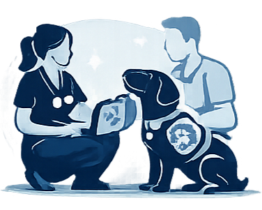 Ilustración de intervención asistida con perro entre profesionales y usuario
