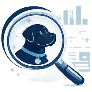 Ilustración de evaluación profesional de un perro mediante análisis y revisión técnica