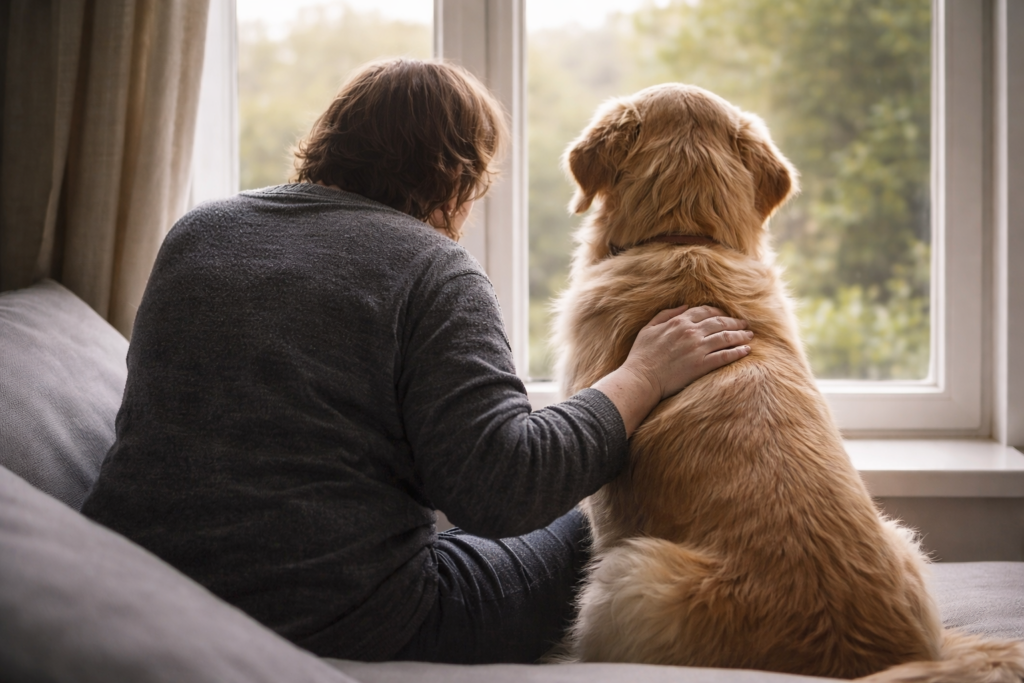 Persona sentada junto a un perro mirando por la ventana mientras lo acaricia en un momento de calma. esto es un perro de apoyo emocional