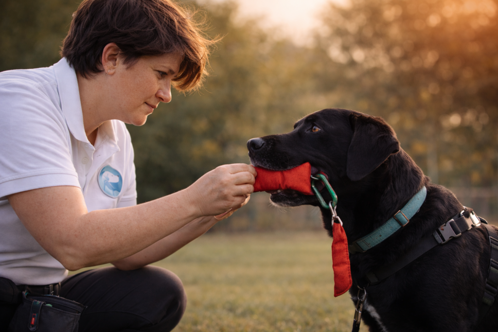 Entrenamiento de perro de asistencia labrador negro recogiendo un objeto durante una sesión de trabajo con su entrenadora