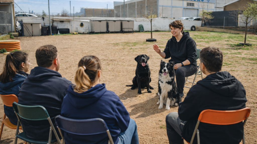 Paloma explicando en la academia, una sesión de formación con un labrador negro y un border collie frente a alumnos en el espacio de entrenamiento de la Asociación Española de Perros de Apoyo