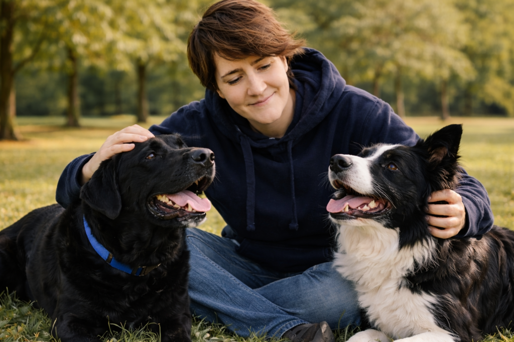 Paloma García entrenadora de perros de asistencia con un labrador negro y un border collie en un entorno natural