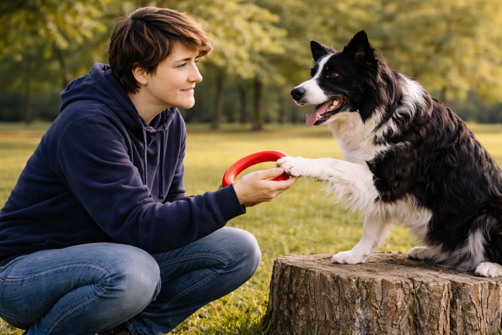 Paloma García entrenadora canina trabajando una habilidad con un Border Collie en un parque durante una sesión de trabajo con perros de apoyo