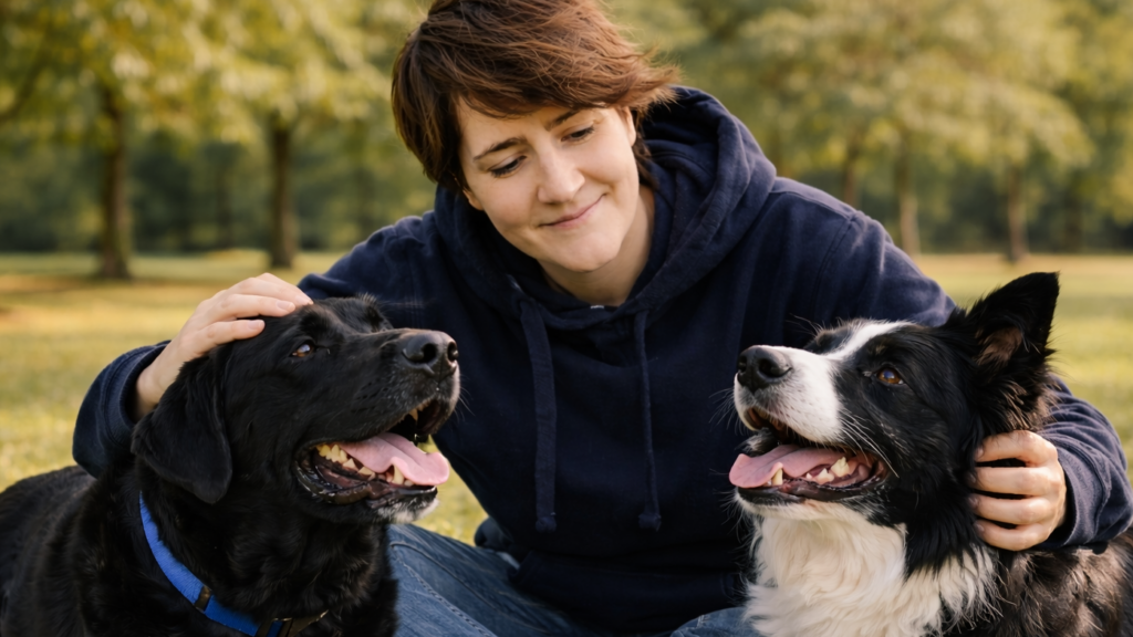 Paloma García entrenadora de perros de asistencia con un labrador negro y un border collie en un entorno natural