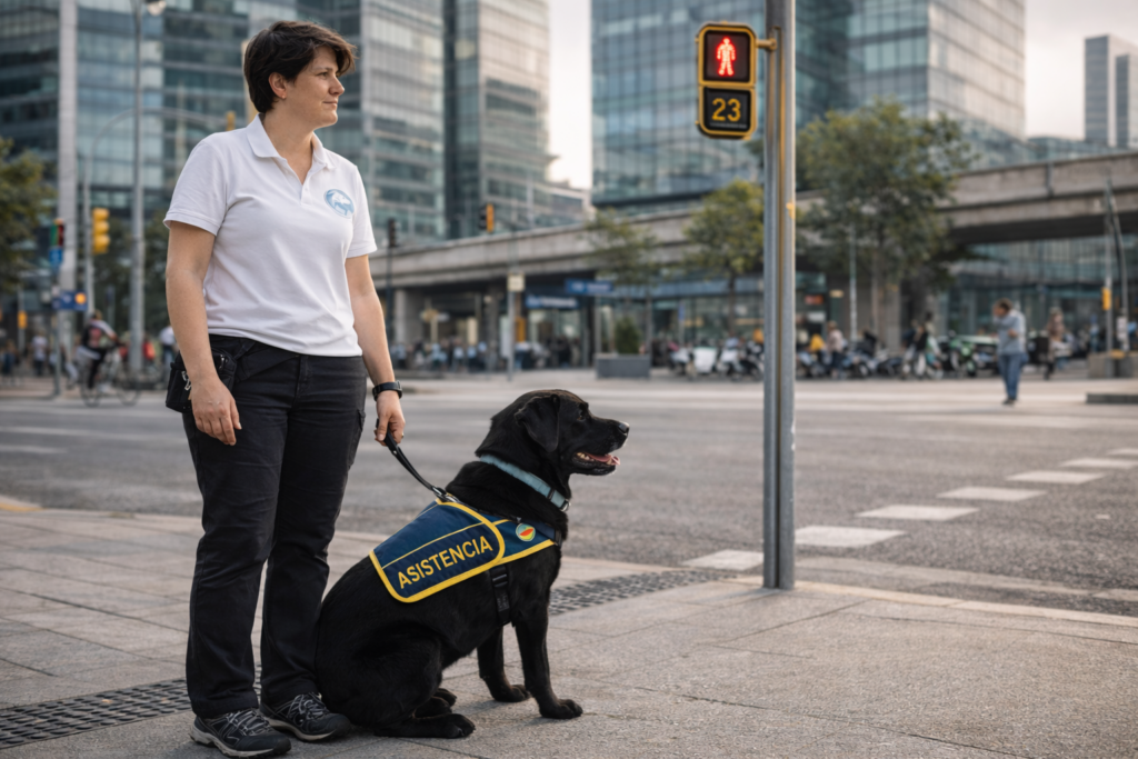 Perro de asistencia labrador negro sentado junto a su entrenadora esperando para cruzar un semáforo en la ciudad