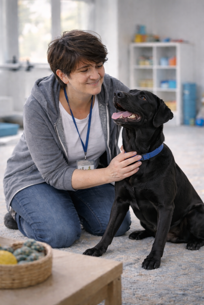 Profesional trabajando con un labrador negro en una sesión de intervención asistida con perros en un centro terapéutico