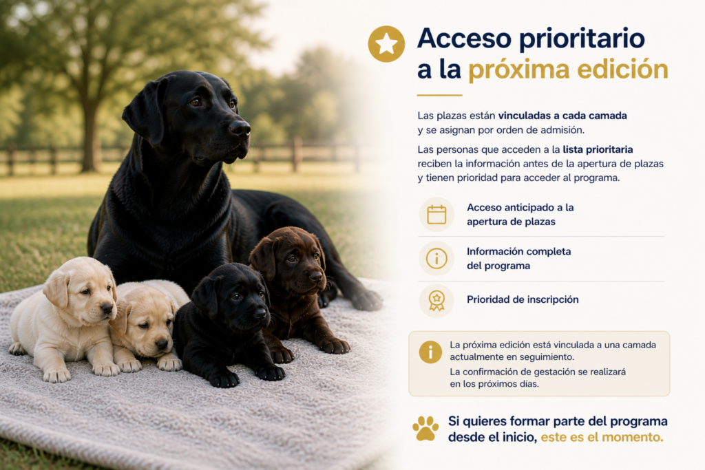 Labradora negra con cachorros en entorno natural representando acceso prioritario a formación con plazas limitadas vinculadas a una camada