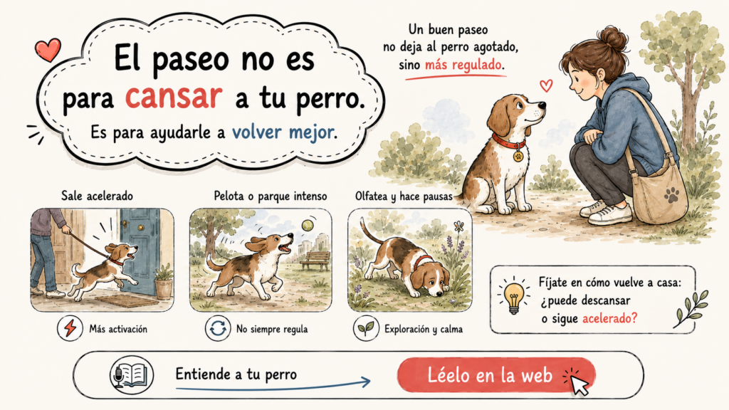 Infografía ilustrada sobre el paseo del perro como espacio de regulación emocional, con una persona observando a su perro, escenas de activación, juego intenso y olfato tranquilo.