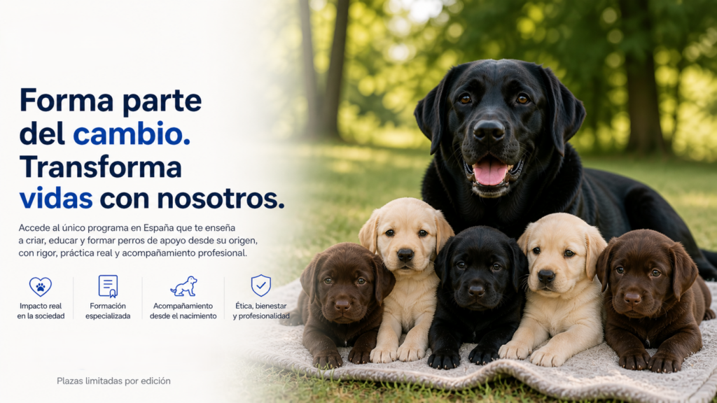 Labradora negra adulta junto a cachorros de diferentes colores en proceso de formación como perros de intervención asistida