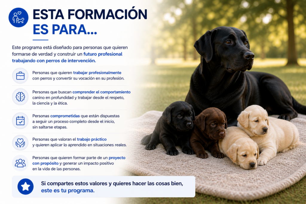 Labradora negra con cachorros en entorno natural representando una formación profesional completa en perros de intervención no orientada a cursos rápidos