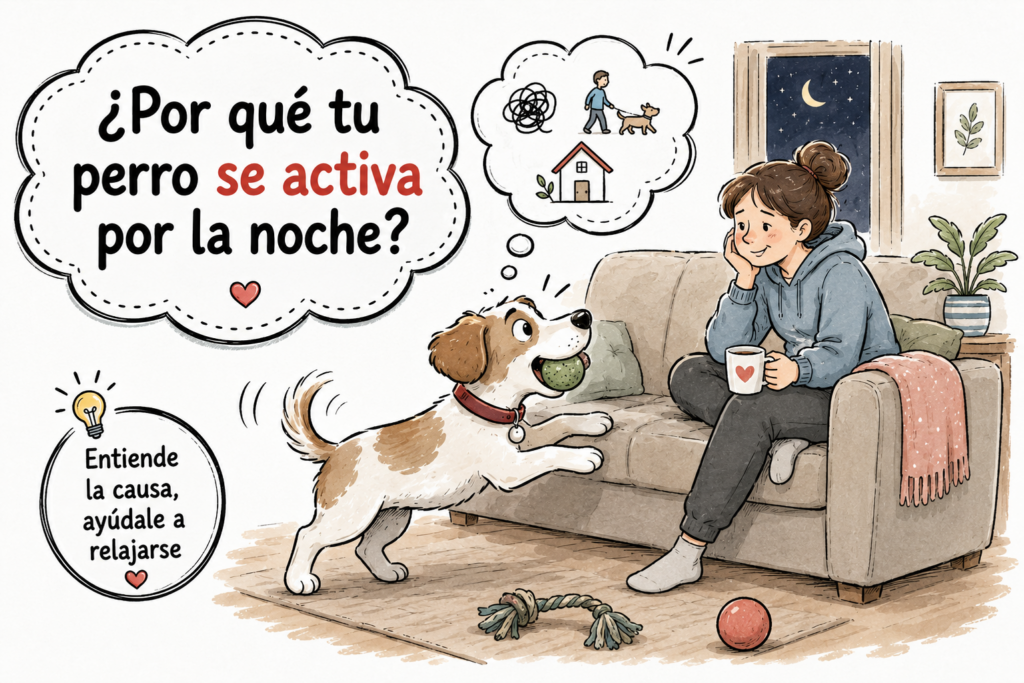 Perro hiperactivo por la noche intentando jugar mientras su propietaria descansa en el sofá.