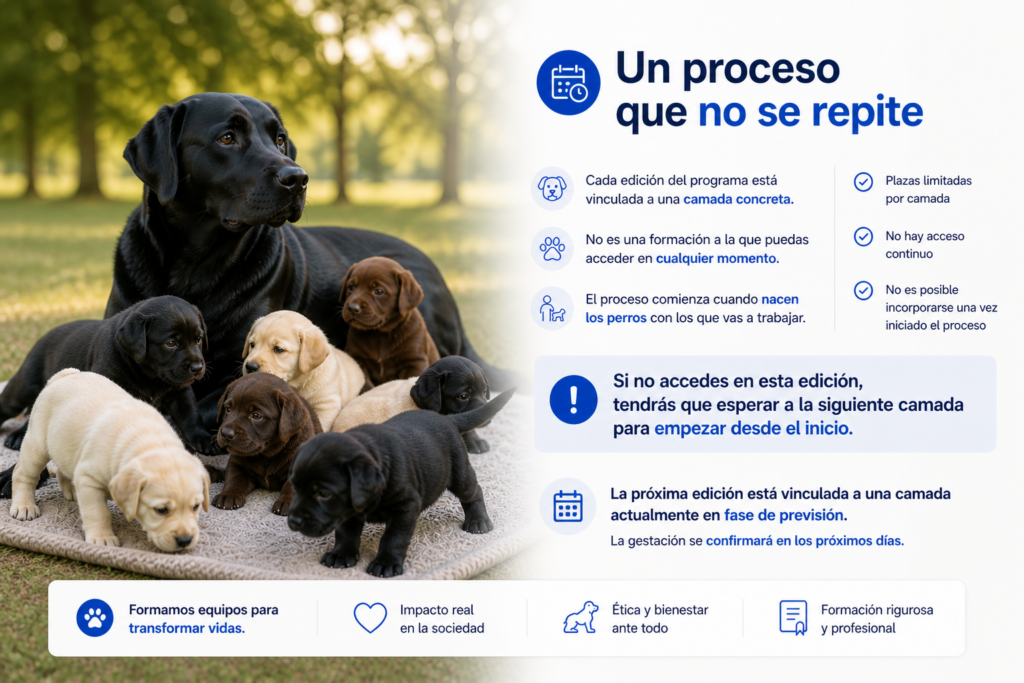 Labradora negra con cachorros de diferentes colores en un entorno natural representando un programa formativo vinculado a una camada con plazas limitadas