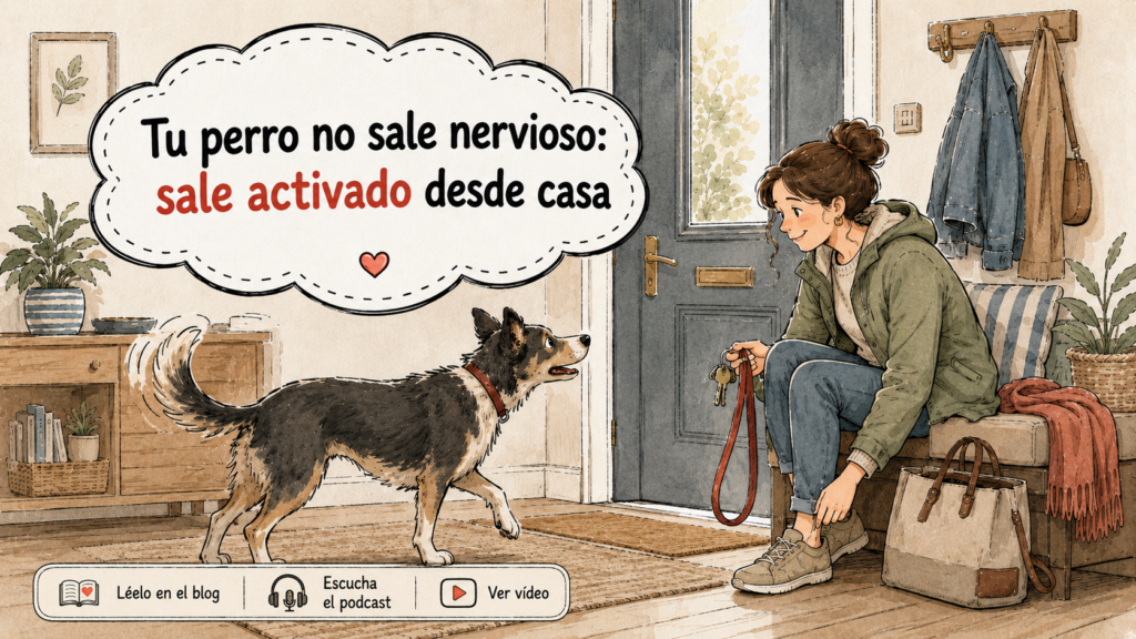 Ilustración de una mujer preparando el arnés y la correa mientras su perro se muestra muy activado junto a la puerta antes de salir a pasear.