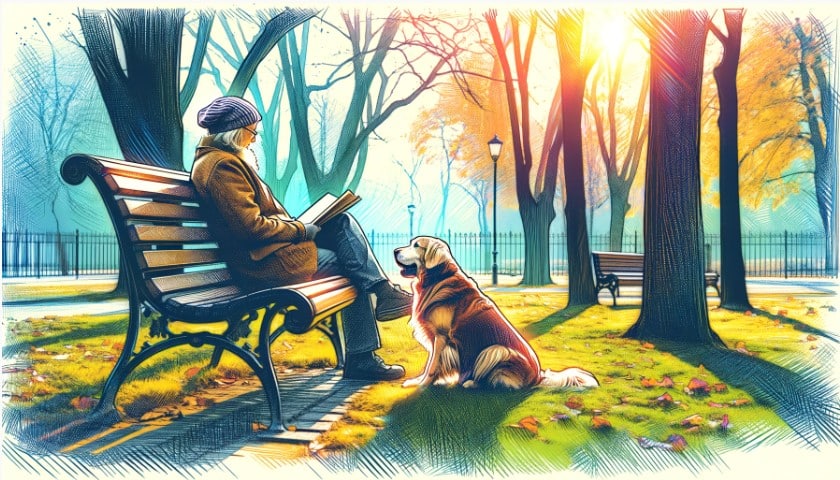 Blog de Perros de Apoyo - Un perro y su dueño disfrutando de un momento tranquilo en un parque soleado, con el dueño leyendo un libro junto al perro sentado, en un estilo de boceto colorido