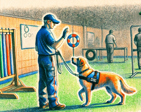 Boceto a color de un adiestrador trabajando con un perro de asistencia en un entorno de entrenamiento. El adiestrador da comandos al perro, que responde con precisión. El ambiente incluye equipos de entrenamiento y una atmósfera positiva.