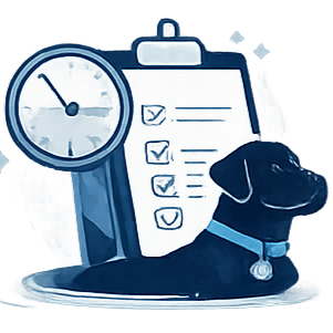 Ilustración de evaluación profesional de un perro mediante análisis y revisión técnica