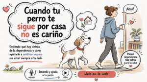 Ilustración de una persona caminando por casa mientras su perro la sigue, explicando que no siempre es cariño, sino posible dependencia o inseguridad.