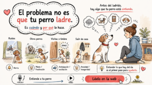 Ilustración explicativa sobre el ladrido en perros mostrando distintas situaciones como ruidos, otros perros, timbre y salidas de casa, destacando que el ladrido suele estar relacionado con emociones y gestión emocional.