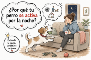 Perro hiperactivo por la noche intentando jugar mientras su propietaria descansa en el sofá.