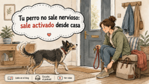 Ilustración de una mujer preparando el arnés y la correa mientras su perro se muestra muy activado junto a la puerta antes de salir a pasear.